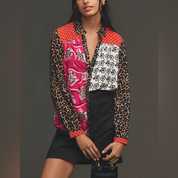 Maeve by Anthropologie The Paz Buttondown Shirt Paris leopard  hot pink EUC - Picture 1 of 7